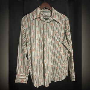 Vintage KMart 70s Men's Floral and Striped Button Down Shirt - Green and Pink